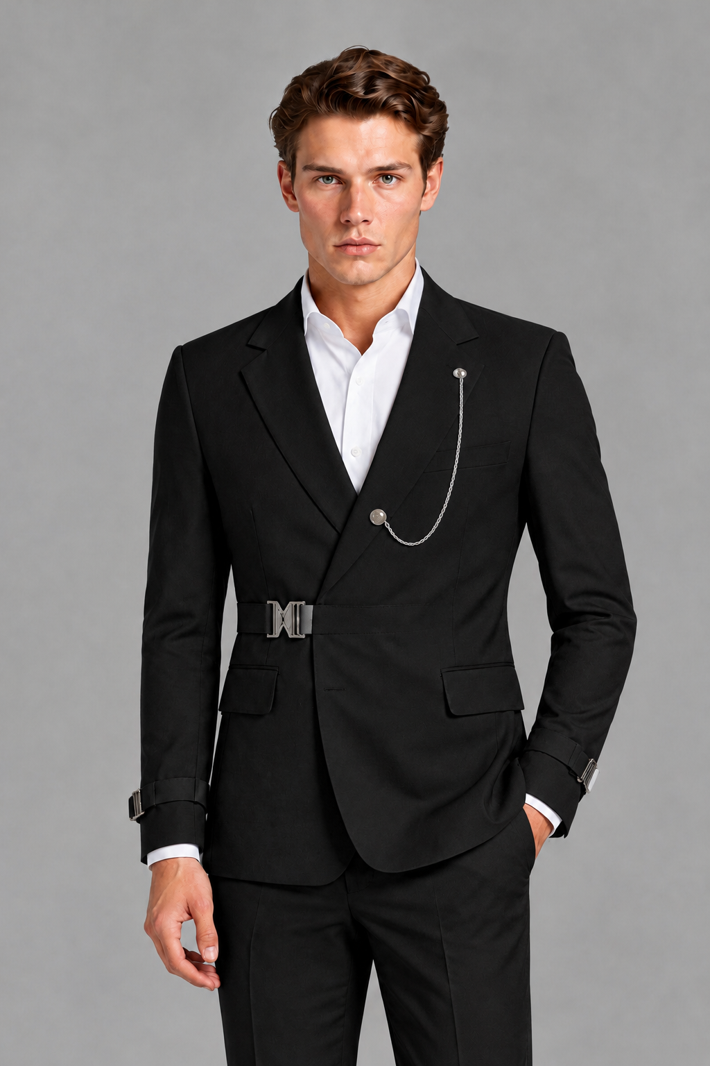 Savile Men's Black Buckle-Closure 2-Piece Suit Set | Peak Lapel Blazer & Trousers - Black
