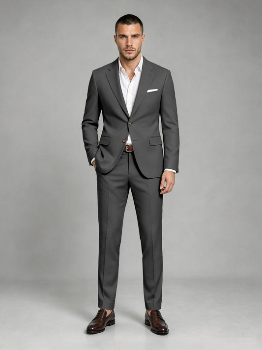 Savile Men's Dark Black Wool-Blend 2-Piece Suit Set – Two-Button Notch Lapel Slim-Fit Blazer & Turn-Up Trousers - Black