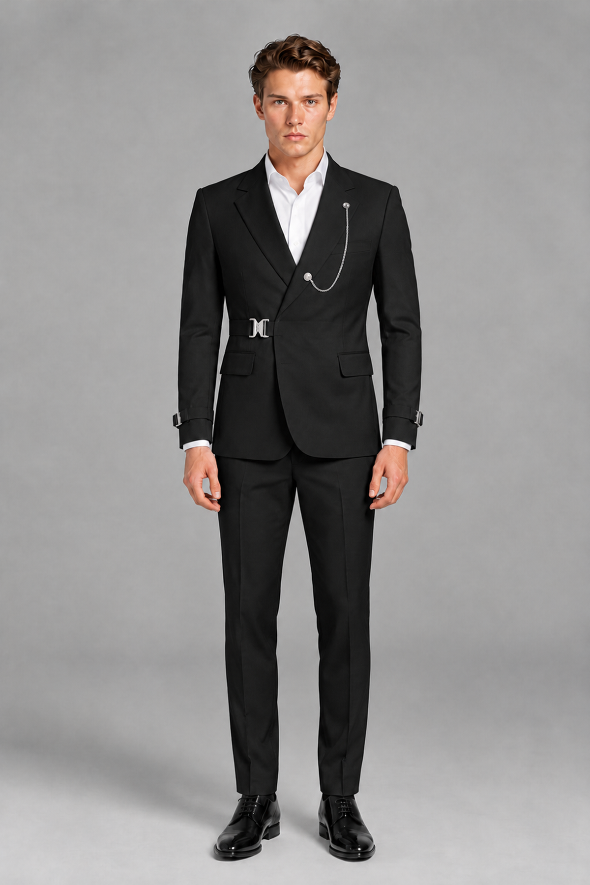 Savile Men's Black Buckle-Closure 2-Piece Suit Set | Peak Lapel Blazer & Trousers - Black