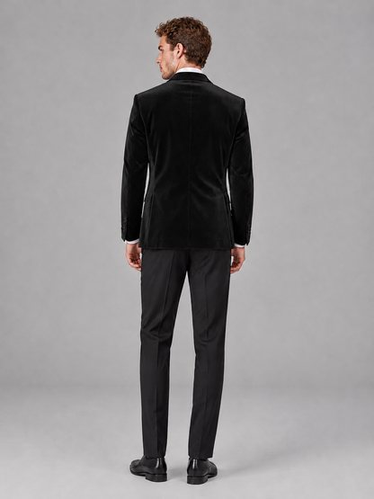Savile Men's Black Velvet Peak Lapel 2-Piece Tuxedo Suit Set | Jacket & Trousers - Black