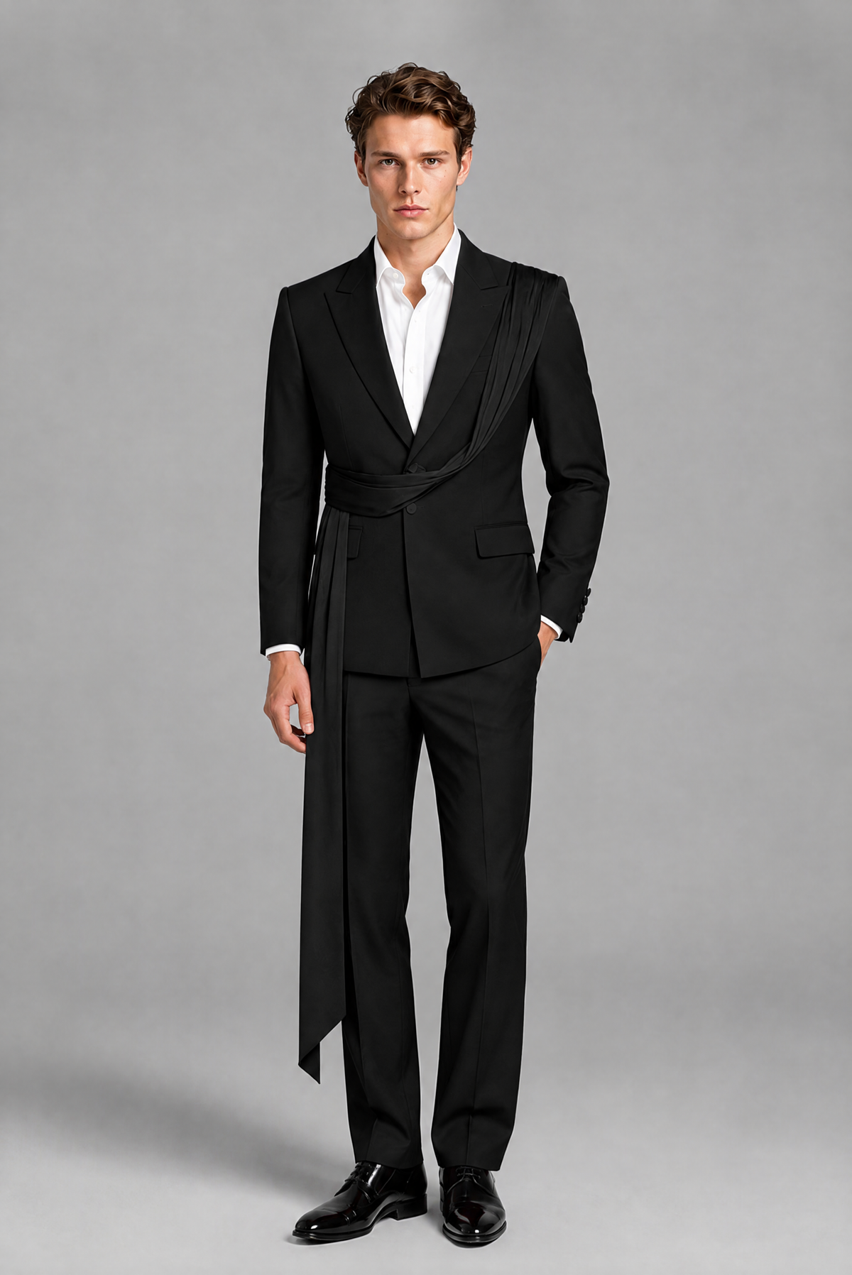 Men's Black Draped Sash Suit – Peak Lapel 2-Piece Slim Fit Party, Gala & Wedding Set - Black