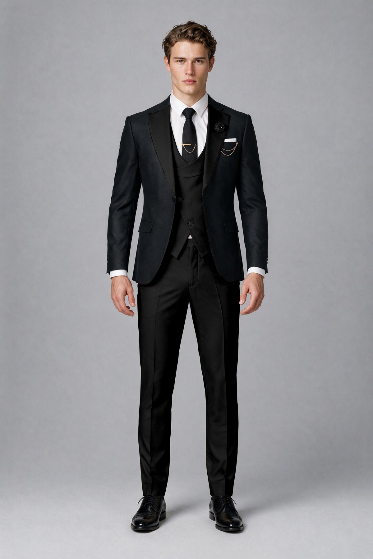 Savile Men's Black & Black Three-Piece Wedding Suit - Black