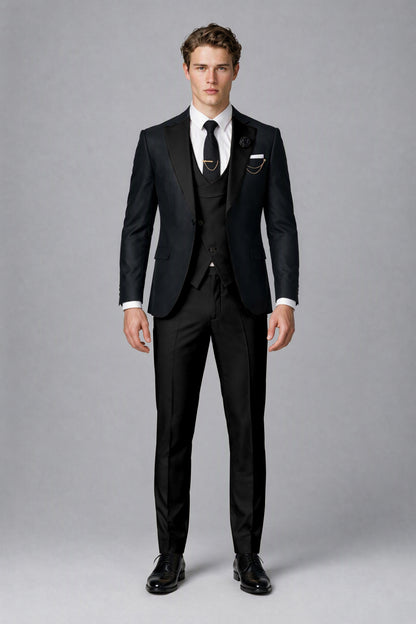 Savile Men's Black & Black Three-Piece Wedding Suit - Black