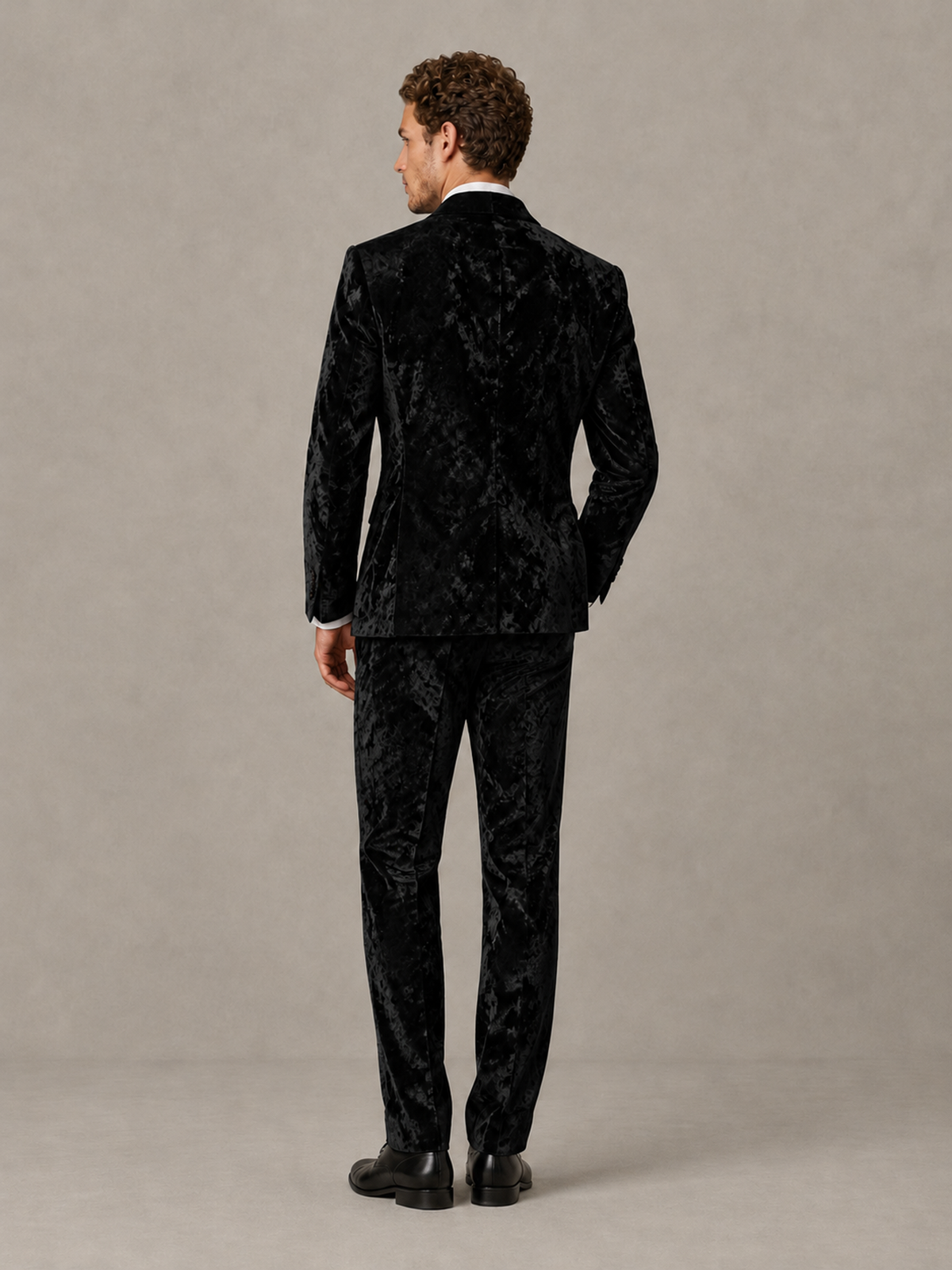 Savile Men's Black Crushed Velvet Peak Lapel 2-Piece Suit Set | Jacket & Trousers - Black - Black (2)