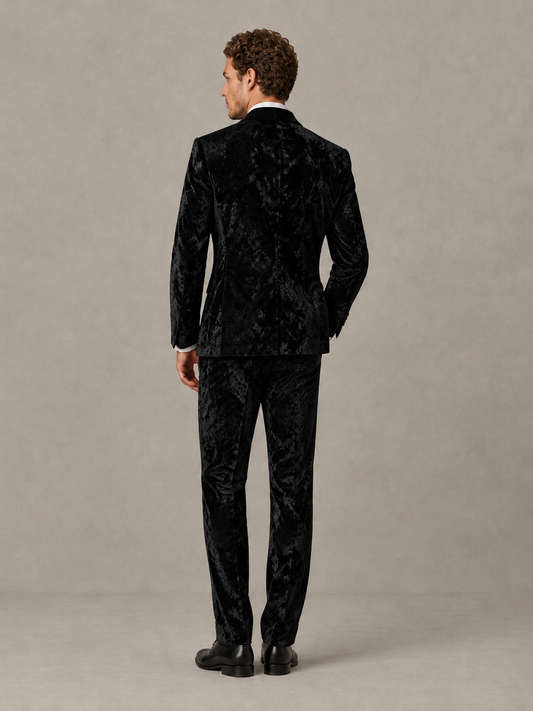 Savile Men's Black Crushed Velvet Peak Lapel 2-Piece Suit Set | Jacket & Trousers - Black - Black (2)