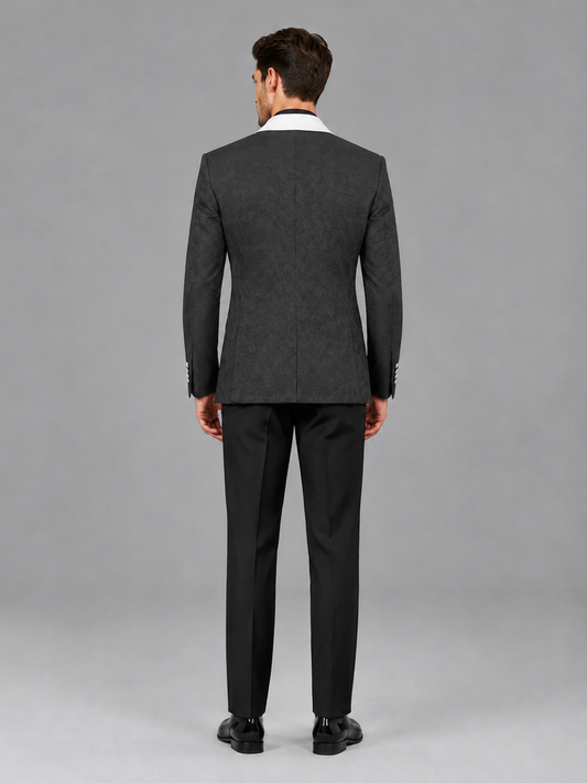 Savile Men's Black Jacquard White Shawl Lapel 2-Piece Tuxedo Suit Set | Jacket & Trousers - Black - Black (2)