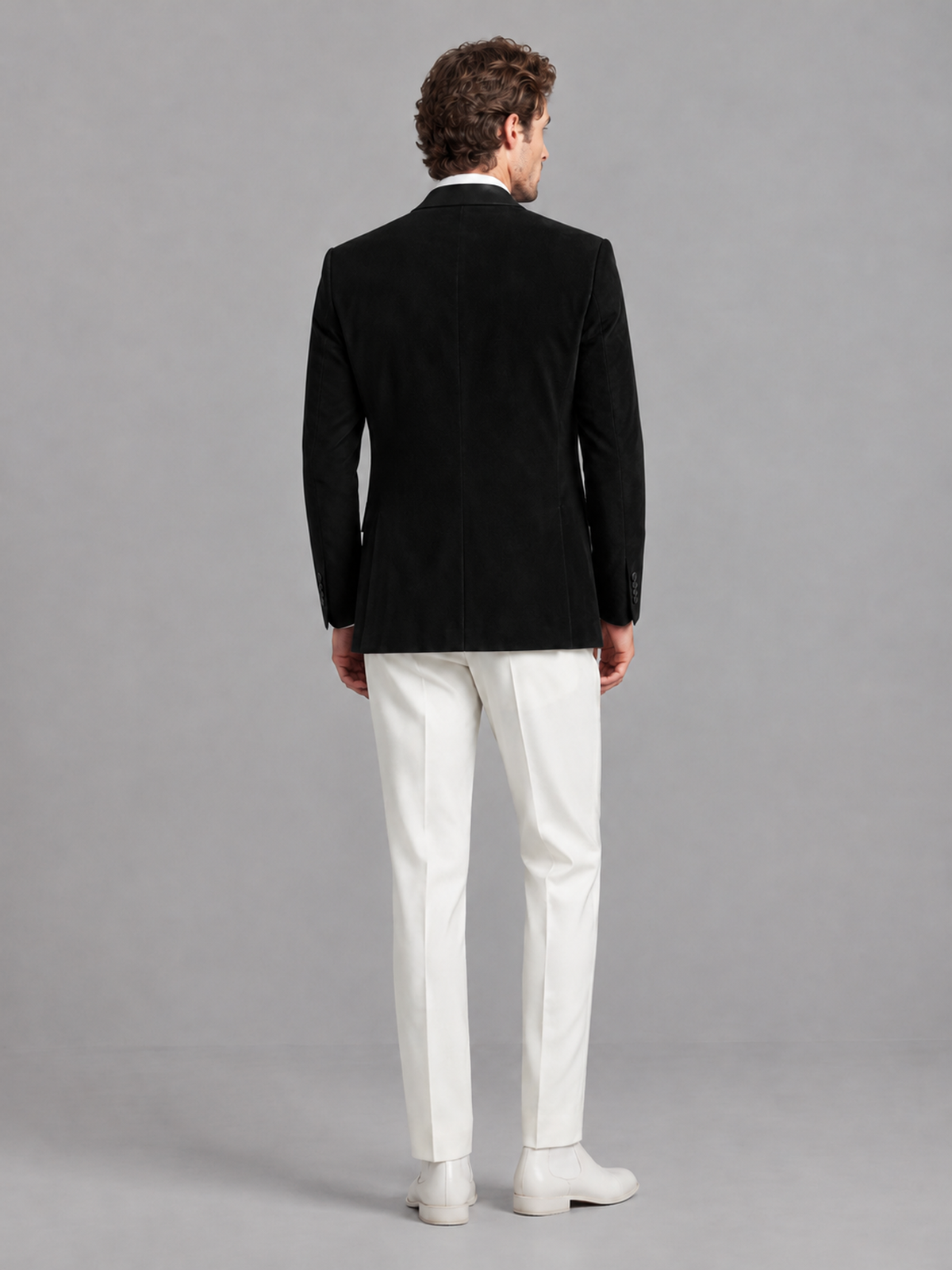 Savile Men's Black Velvet Shawl Lapel 2-Piece Tuxedo Suit Set | Jacket & White Trousers - Black - Black (2)