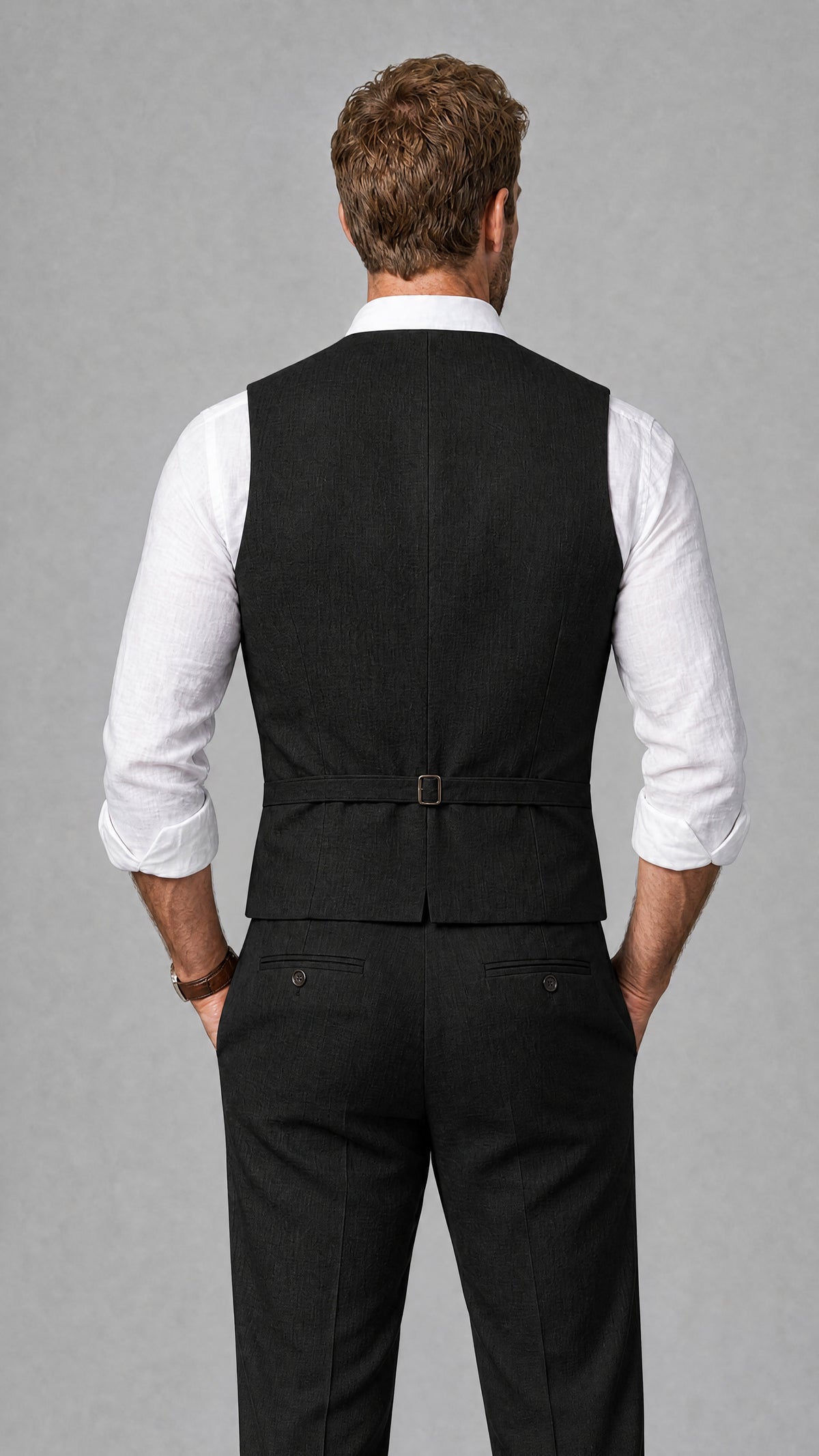Men's Black Linen Blend Single-Breasted V-Neck Suit Vest | Savile QX0101 - Black