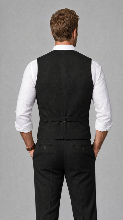 Men's Black Linen Blend Single-Breasted V-Neck Suit Vest | Savile QX0101 - Black