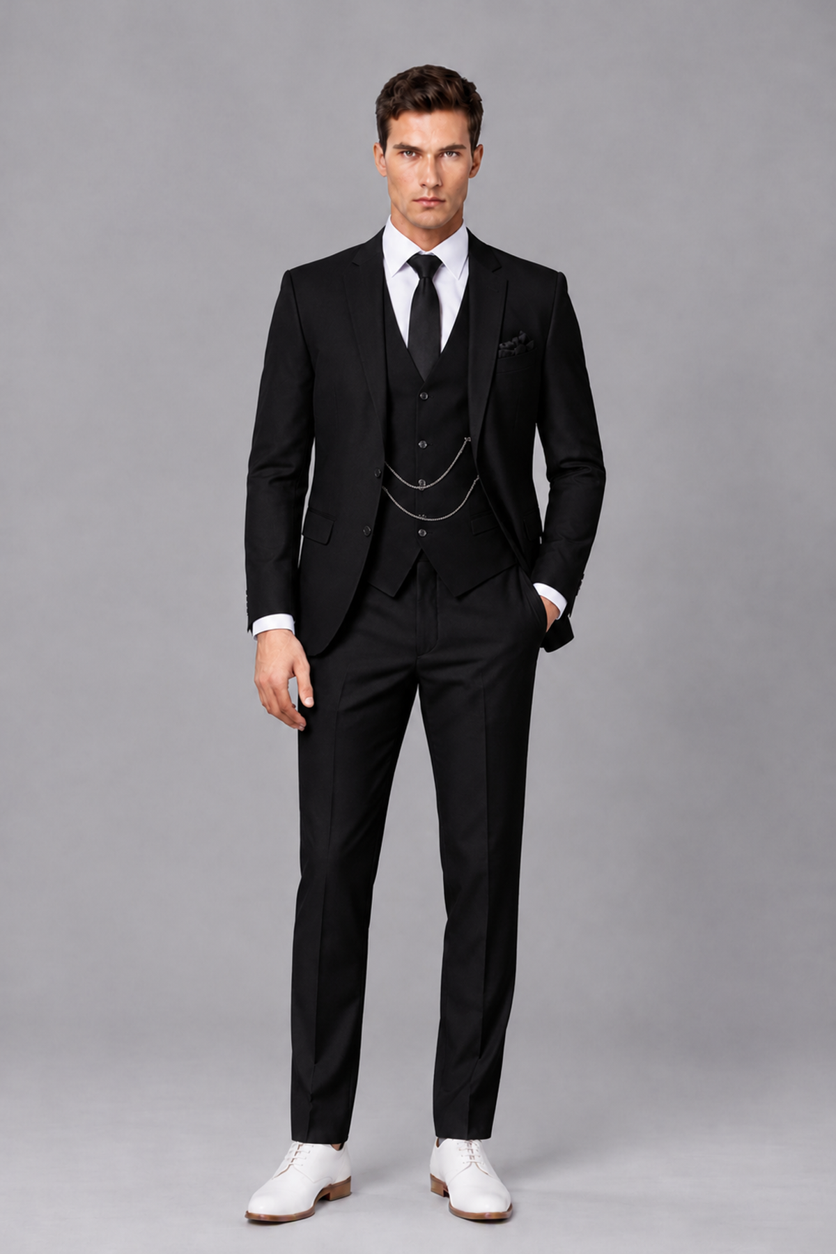 Savile Black 3-Piece Suit with Notch Lapel & Chain Vest - Black