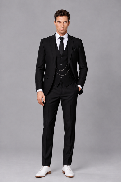 Savile Black 3-Piece Suit with Notch Lapel & Chain Vest - Black