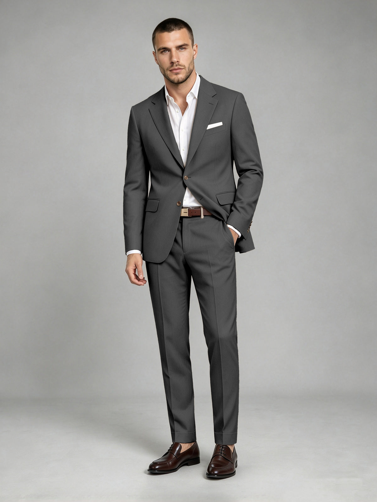 Savile Men's Dark Black Wool-Blend 2-Piece Suit Set – Two-Button Notch Lapel Slim-Fit Blazer & Turn-Up Trousers - Black