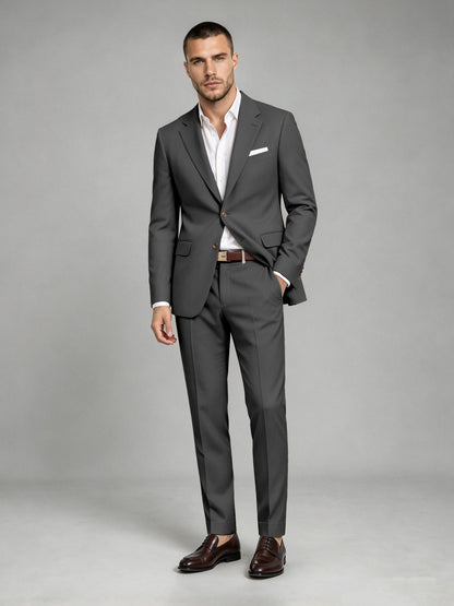 Savile Men's Dark Black Wool-Blend 2-Piece Suit Set – Two-Button Notch Lapel Slim-Fit Blazer & Turn-Up Trousers - Black