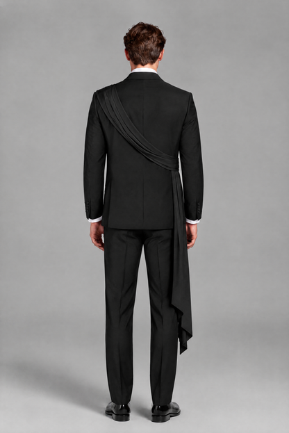 Men's Black Draped Sash Suit – Peak Lapel 2-Piece Slim Fit Party, Gala & Wedding Set - Black
