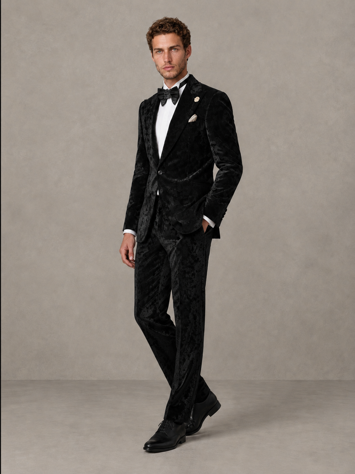 Savile Men's Black Crushed Velvet Peak Lapel 2-Piece Suit Set | Jacket & Trousers - Black - Black (3)