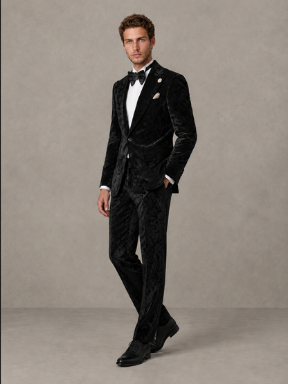 Savile Men's Black Crushed Velvet Peak Lapel 2-Piece Suit Set | Jacket & Trousers - Black - Black (3)