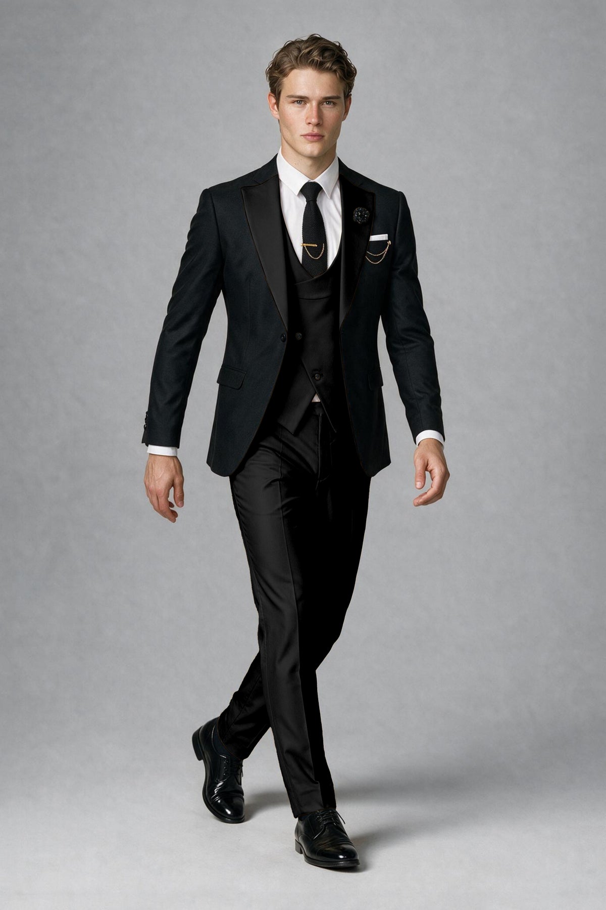 Savile Men's Black & Black Three-Piece Wedding Suit - Black