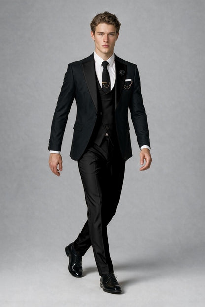 Savile Men's Black & Black Three-Piece Wedding Suit - Black