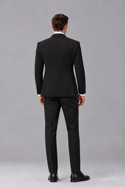 Savile Black 3-Piece Suit with Notch Lapel & Chain Vest - Black