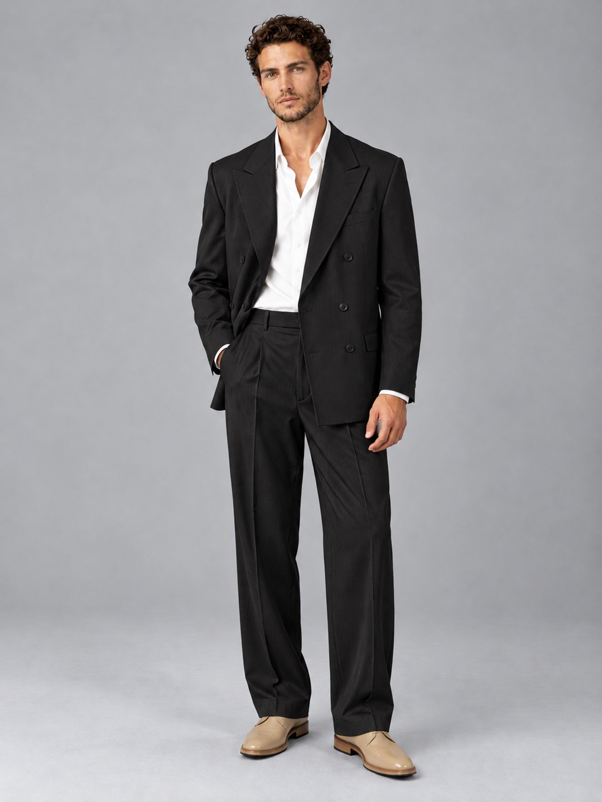 Savile Black Beige Double-Breasted 2-Piece Suit with Peak Lapel - Black