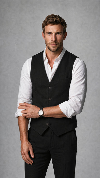 Men's Black Linen Blend Single-Breasted V-Neck Suit Vest | Savile QX0101 - Black