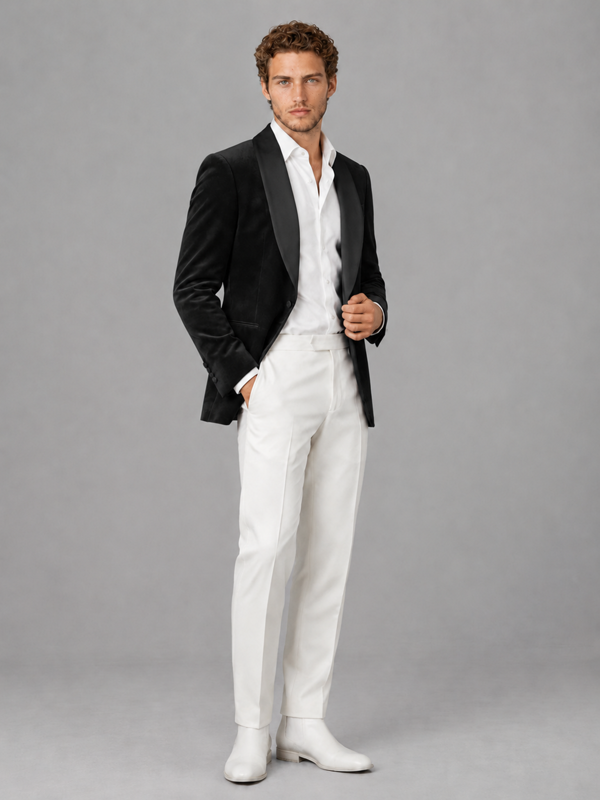 Savile Men's Black Velvet Shawl Lapel 2-Piece Tuxedo Suit Set | Jacket & White Trousers - Black - Black (3)