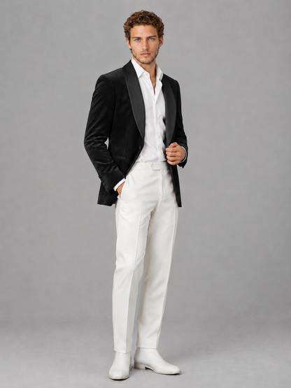 Savile Men's Black Velvet Shawl Lapel 2-Piece Tuxedo Suit Set | Jacket & White Trousers - Black - Black (3)