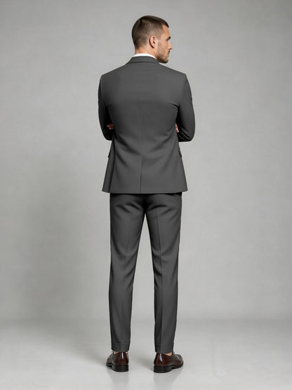Savile Men's Dark Black Wool-Blend 2-Piece Suit Set – Two-Button Notch Lapel Slim-Fit Blazer & Turn-Up Trousers - Black