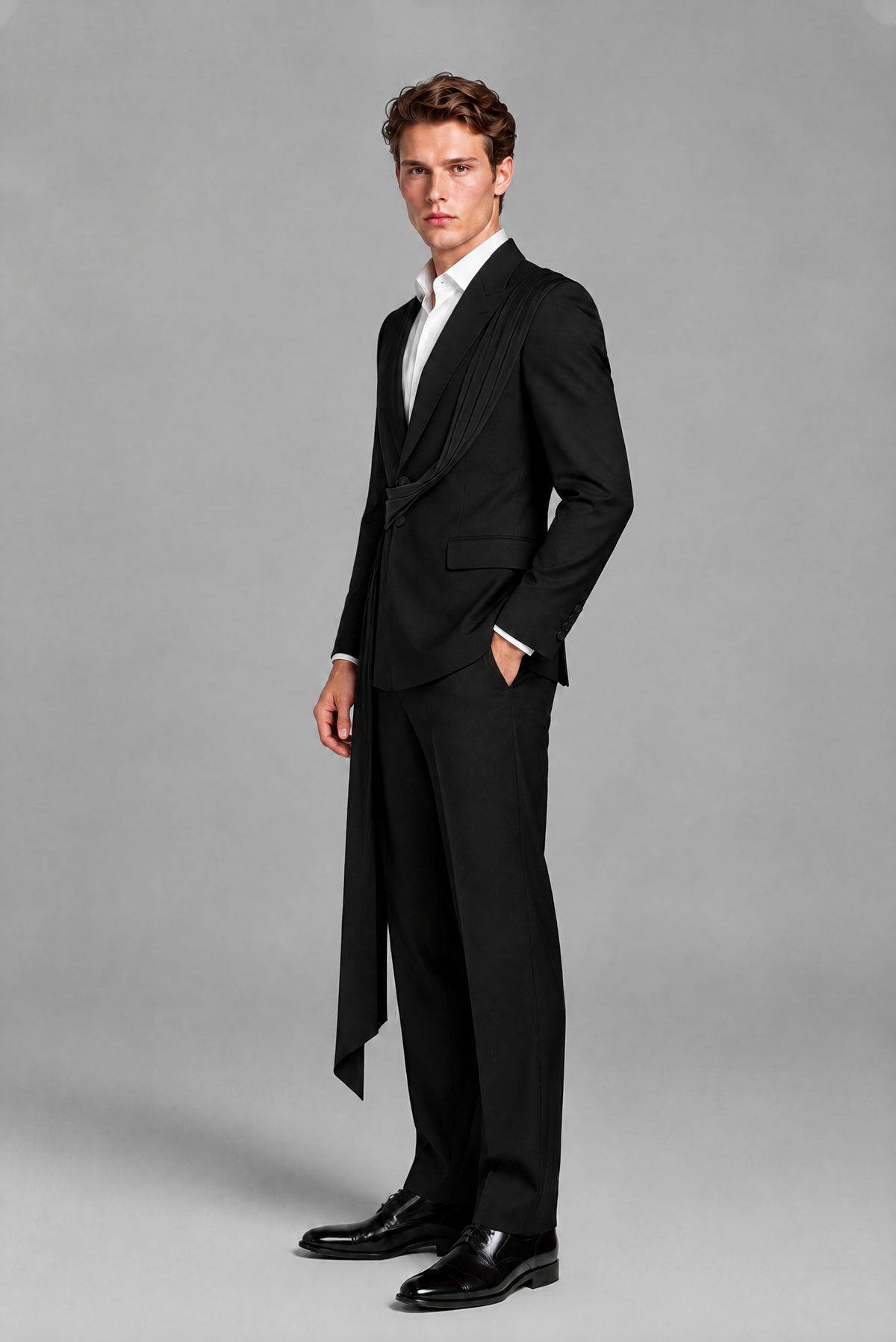 Men's Black Draped Sash Suit – Peak Lapel 2-Piece Slim Fit Party, Gala & Wedding Set - Black