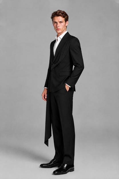 Men's Black Draped Sash Suit – Peak Lapel 2-Piece Slim Fit Party, Gala & Wedding Set - Black