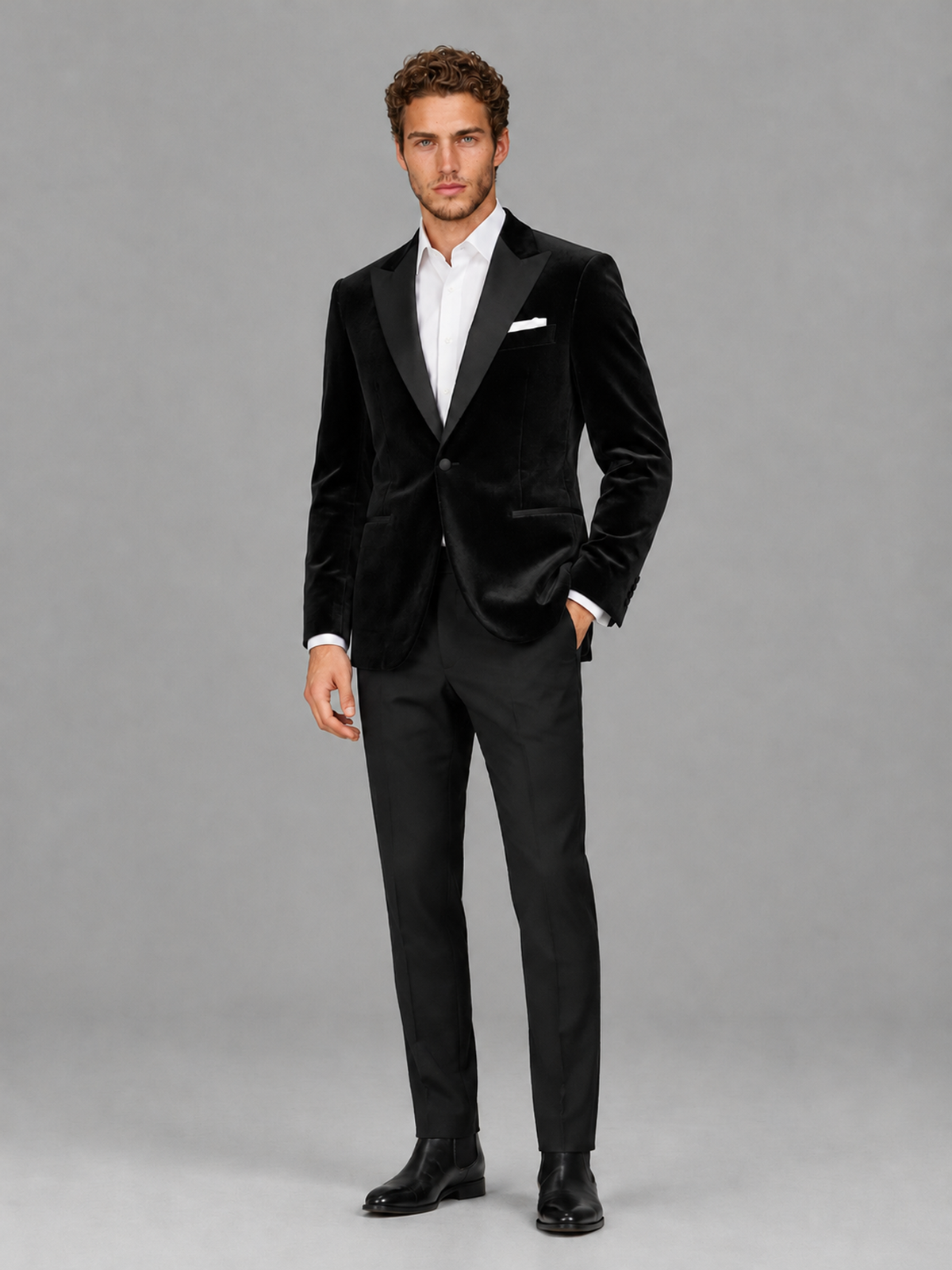 Savile Men's Black Velvet Peak Lapel 2-Piece Tuxedo Suit Set | Jacket & Trousers - Black