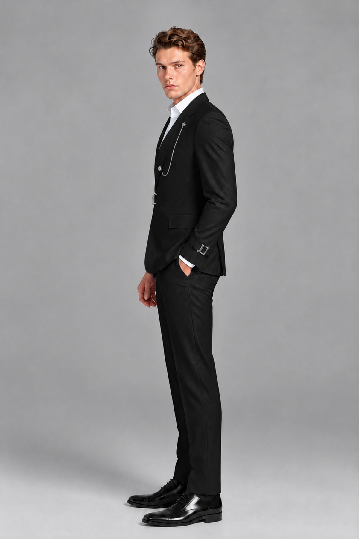 Savile Men's Black Buckle-Closure 2-Piece Suit Set | Peak Lapel Blazer & Trousers - Black
