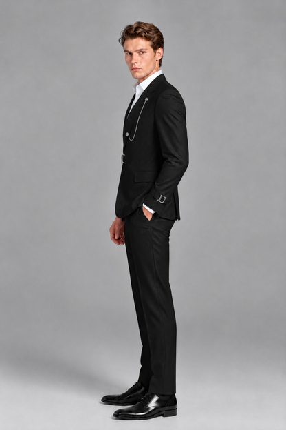Savile Men's Black Buckle-Closure 2-Piece Suit Set | Peak Lapel Blazer & Trousers - Black
