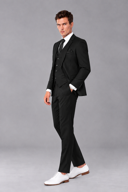 Savile Black 3-Piece Suit with Notch Lapel & Chain Vest - Black