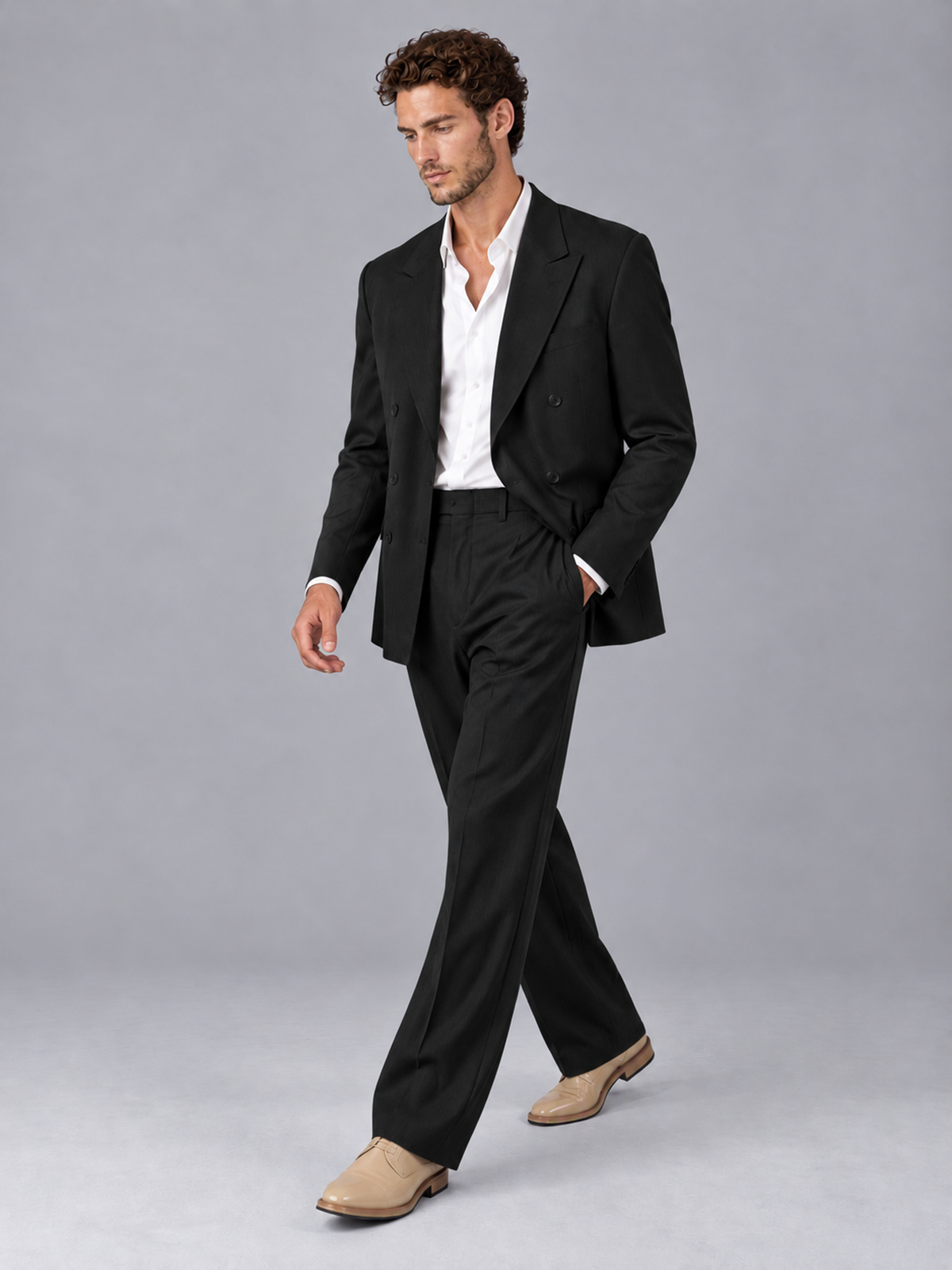 Savile Black Beige Double-Breasted 2-Piece Suit with Peak Lapel - Black