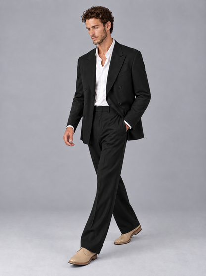 Savile Black Beige Double-Breasted 2-Piece Suit with Peak Lapel - Black