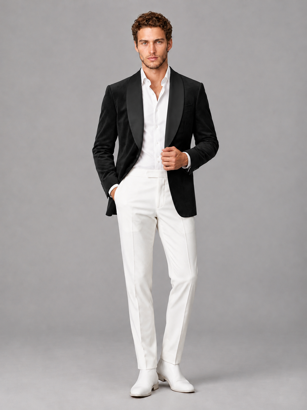 Savile Men's Black Velvet Shawl Lapel 2-Piece Tuxedo Suit Set | Jacket & White Trousers - Black - Black (4)