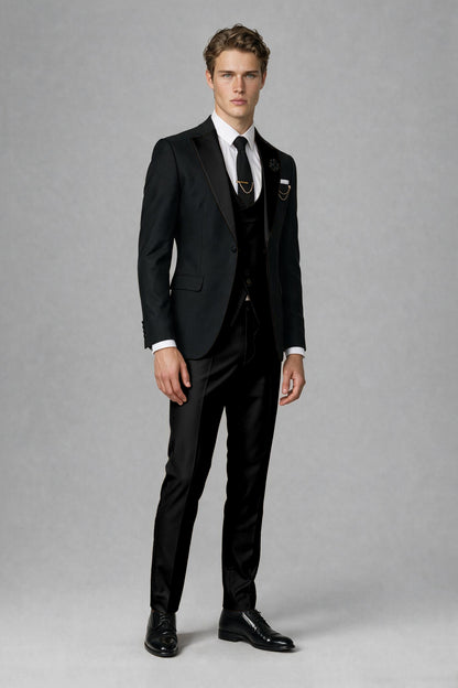Savile Men's Black & Black Three-Piece Wedding Suit - Black