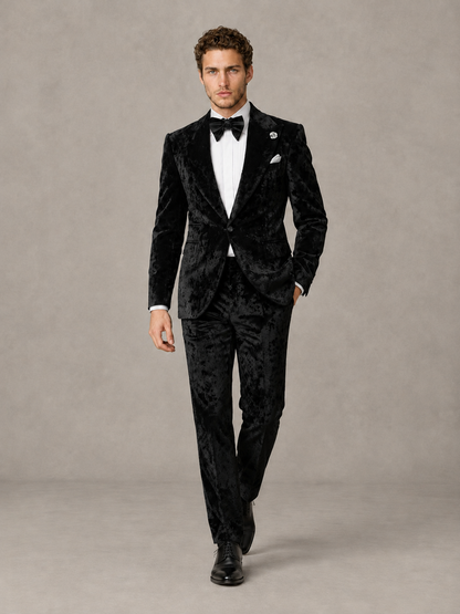 Savile Men's Black Crushed Velvet Peak Lapel 2-Piece Suit Set | Jacket & Trousers - Black - Black (4)