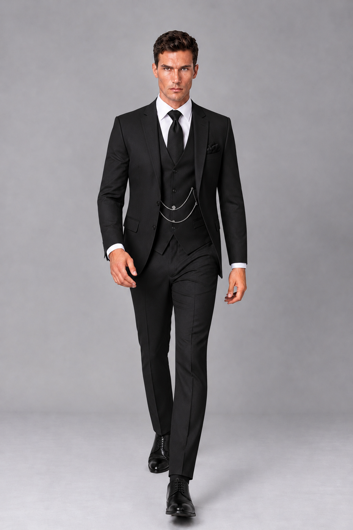 Savile Black 3-Piece Suit with Notch Lapel & Chain Vest - Black