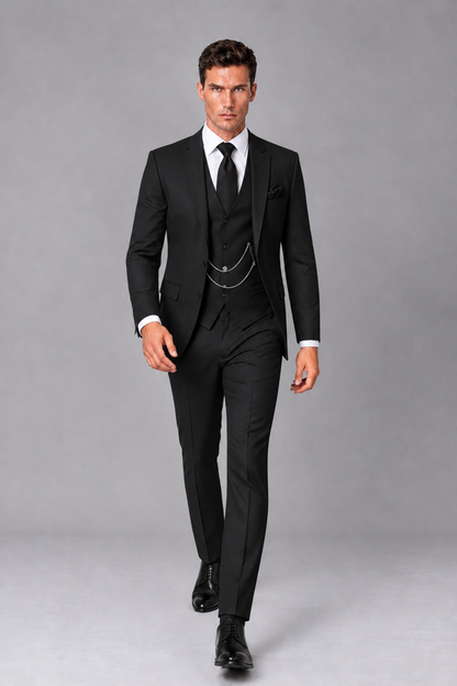 Savile Black 3-Piece Suit with Notch Lapel & Chain Vest - Black