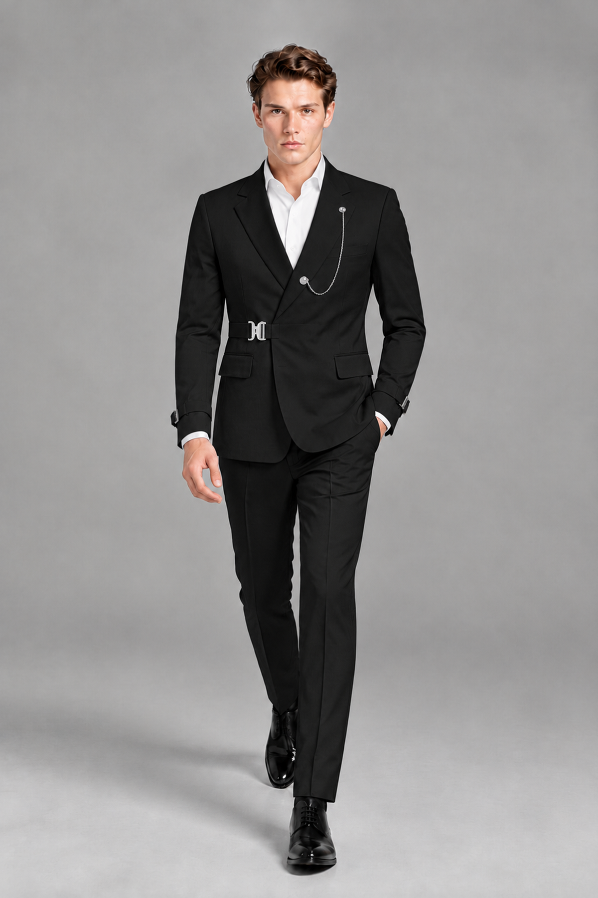 Savile Men's Black Buckle-Closure 2-Piece Suit Set | Peak Lapel Blazer & Trousers - Black