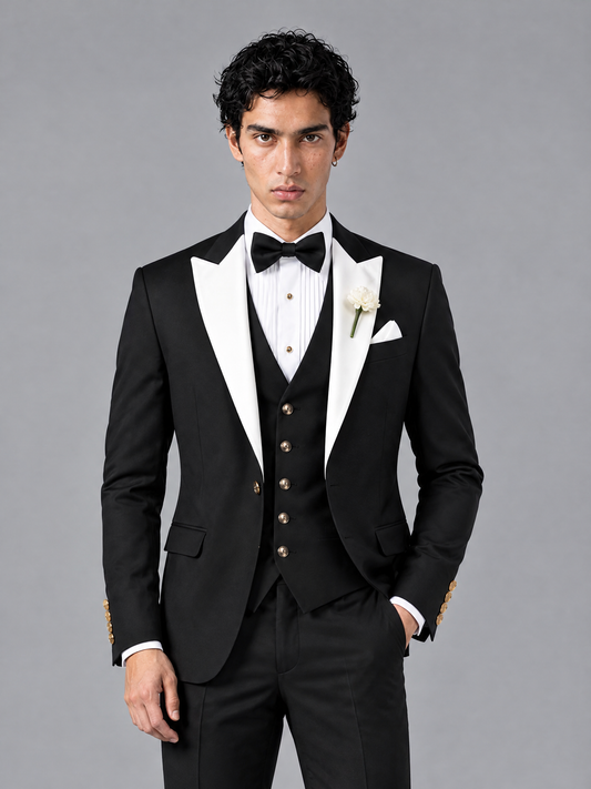Savile Men's Black Contrast White Peak Lapel 3-Piece Tuxedo Suit