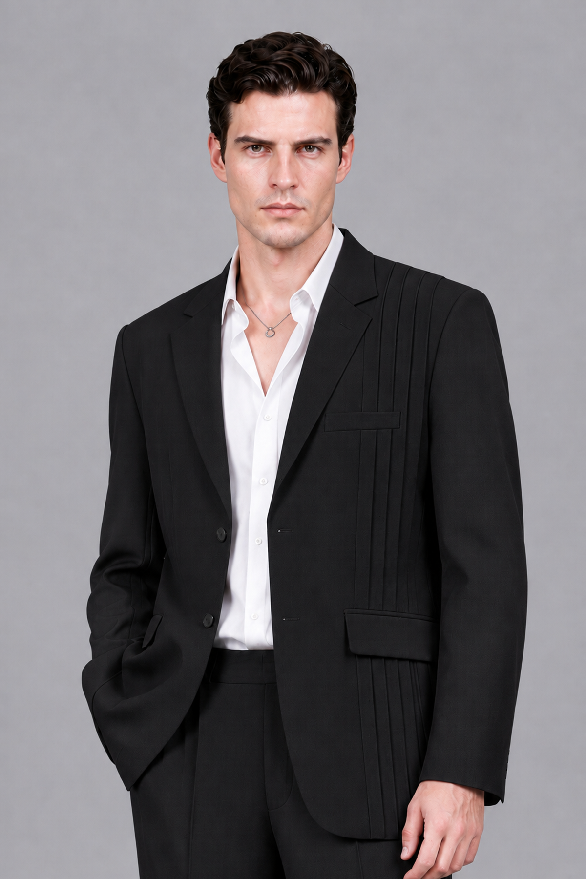 Savile Men's Black Pleated 2-Piece Suit Set | Notch Lapel Blazer & Tailored Trousers