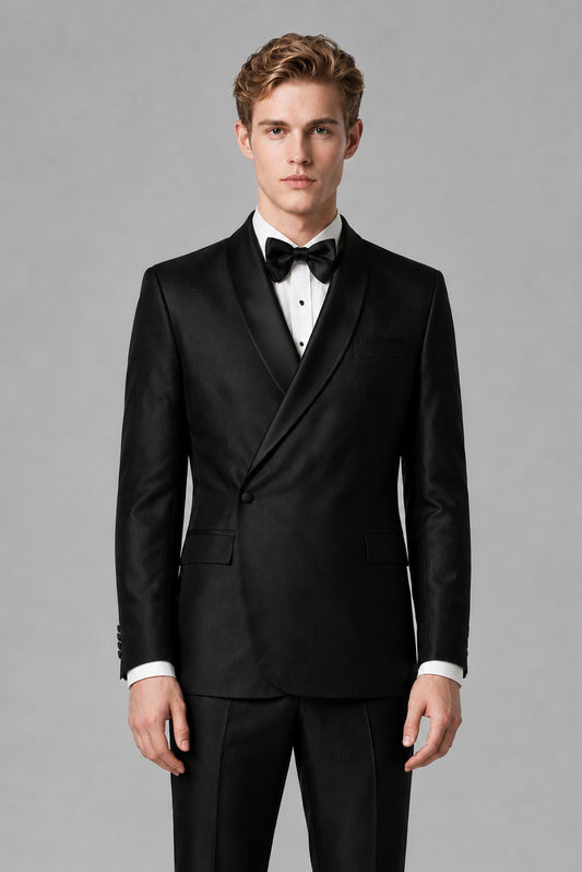 Savile Men's Black Asymmetric Crossover 2-Piece Suit - Front full-length view