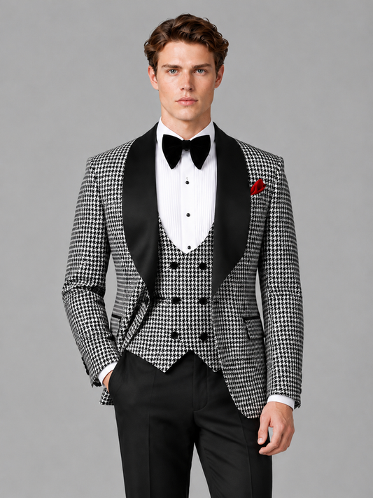 Savile Men's Black and White Houndstooth Shawl Lapel 3-Piece Tuxedo Suit Set – Jacket, Vest & Trousers