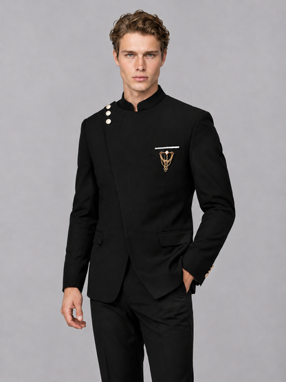 Savile Men's Black Mandarin Collar Asymmetrical 2-Piece Suit Set - Collar, Shoulder Buttons and Pocket Detail