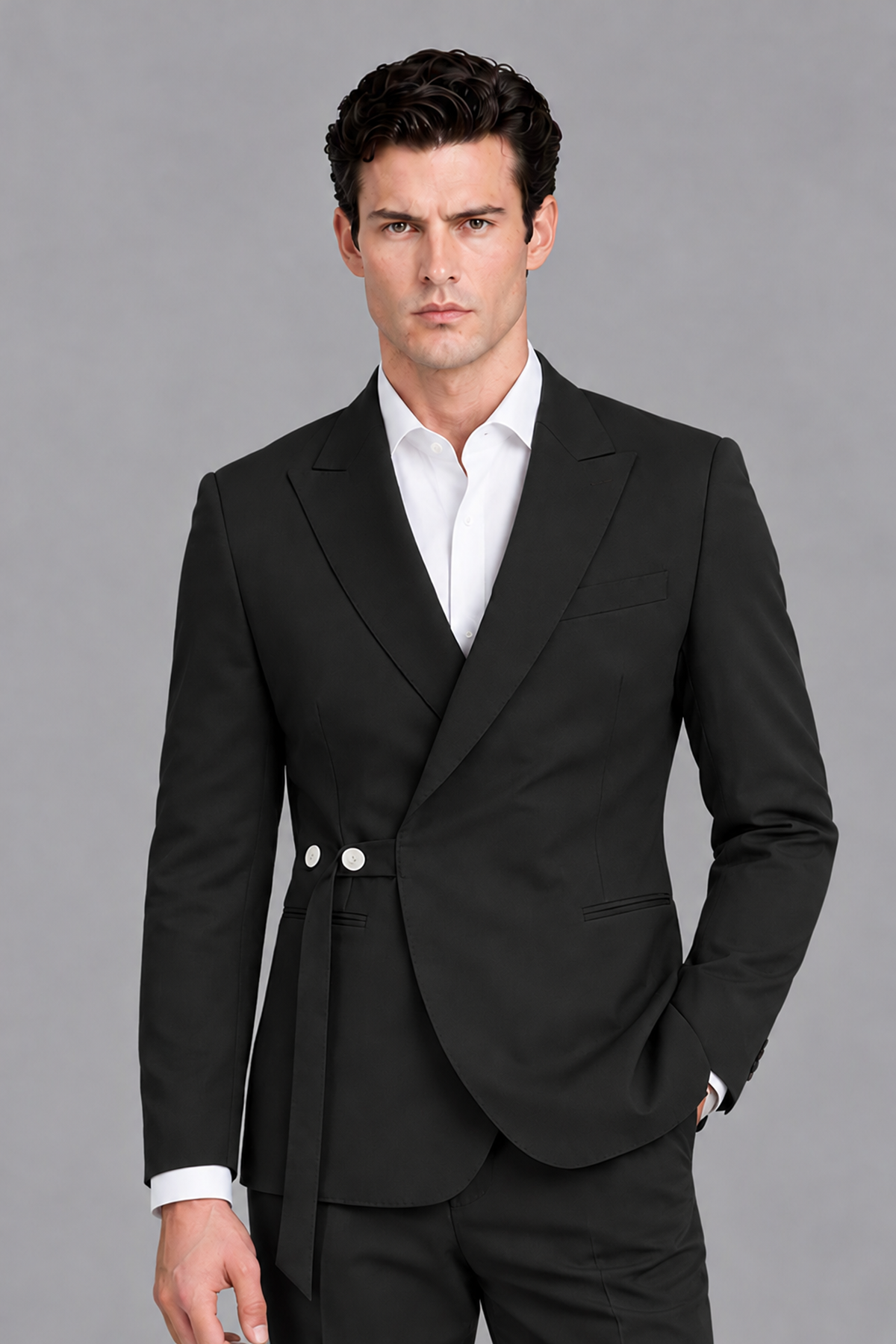 Savile Men's Black Wrap Blazer - Peak Lapel & White Button Close-Up