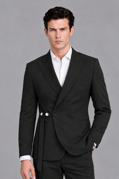 Savile Men's Black Wrap Blazer - Peak Lapel & White Button Close-Up