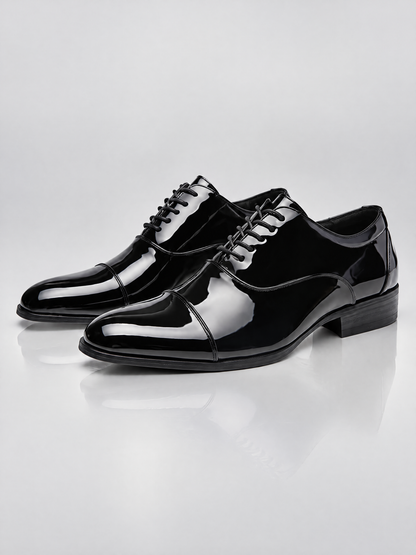 Savile Men's Black Patent Leather Cap Toe Tuxedo Shoes - Architectural Plinth Display View